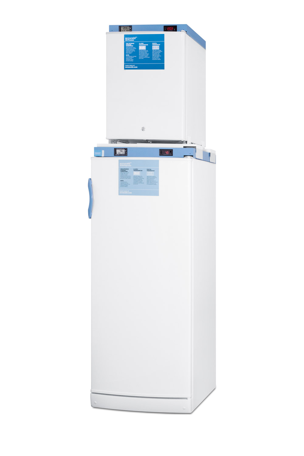 Stacked combination of FFAR10MED2 auto defrost all-refrigerator and FS30LMED2 compact manual defrost all-freezer, both with locks, digital controls, and NIST calibrated alarm/thermometers